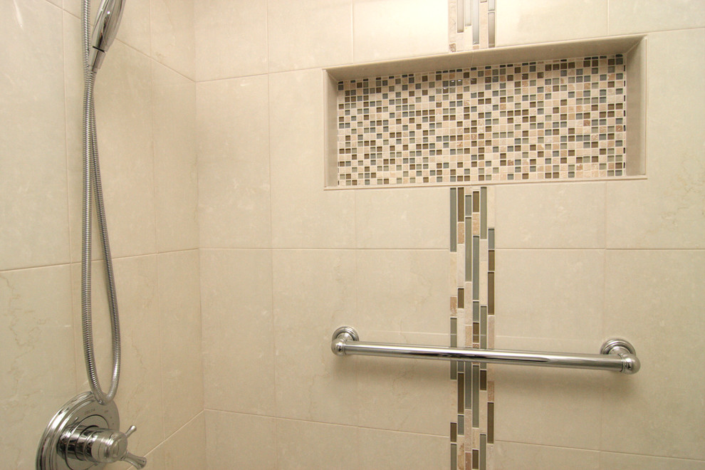Example of a mid-sized transitional 3/4 beige tile and porcelain tile porcelain tile home design design with an integrated sink, furniture-like cabinets, dark wood cabinets, solid surface countertops, a two-piece toilet and white walls