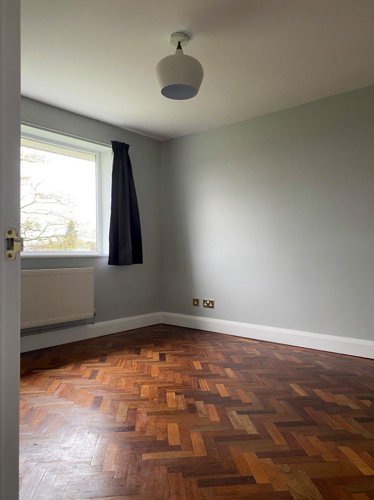Diseño de dormitorio principal actual de tamaño medio con paredes grises, suelo de madera oscura y suelo marrón