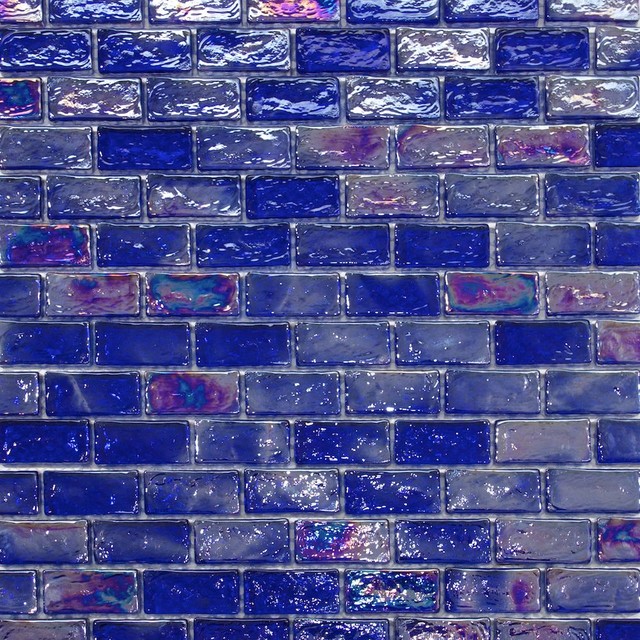 Iridescent Brick Glass Mosaic Tile, Sample, Dark Blue Contemporary
