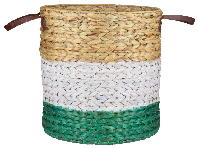 16" Beige, White and Teal Braided Wicker Basket with Handles