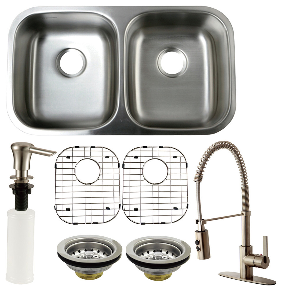 Undermount Double Bowl Kitchen Sink, Faucet Combo, Strainer, Grid Soap