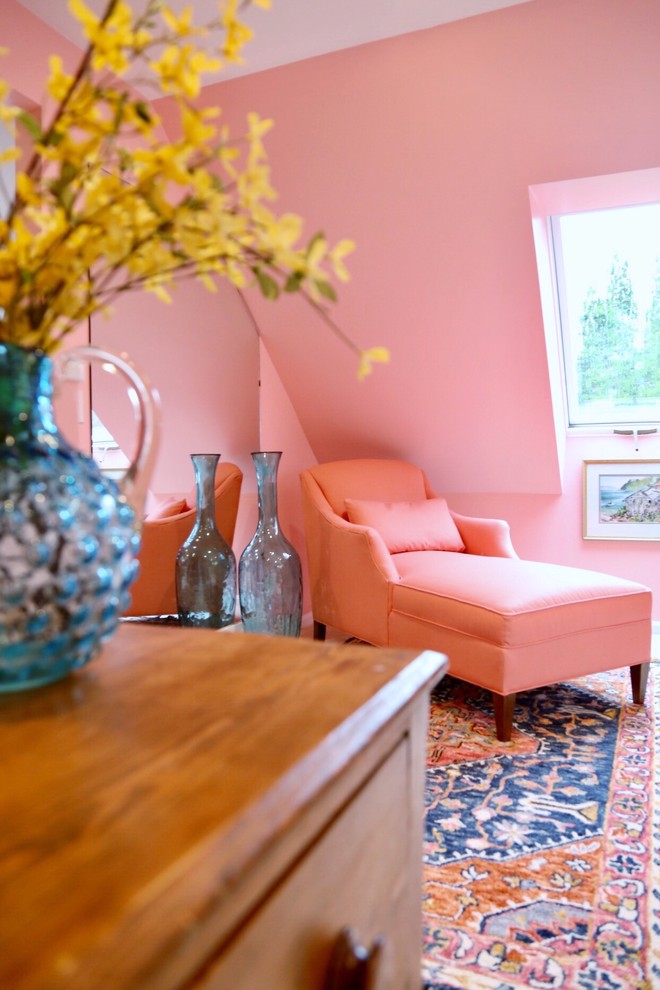 Elegant freestanding desk home office photo in Boston with pink walls