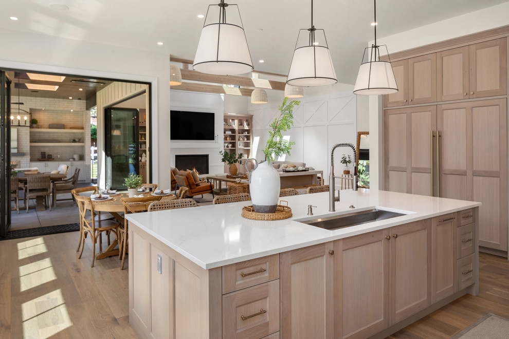 Imagen de cocina clásica renovada con puertas de armario de madera clara, electrodomésticos con paneles y suelo de madera en tonos medios