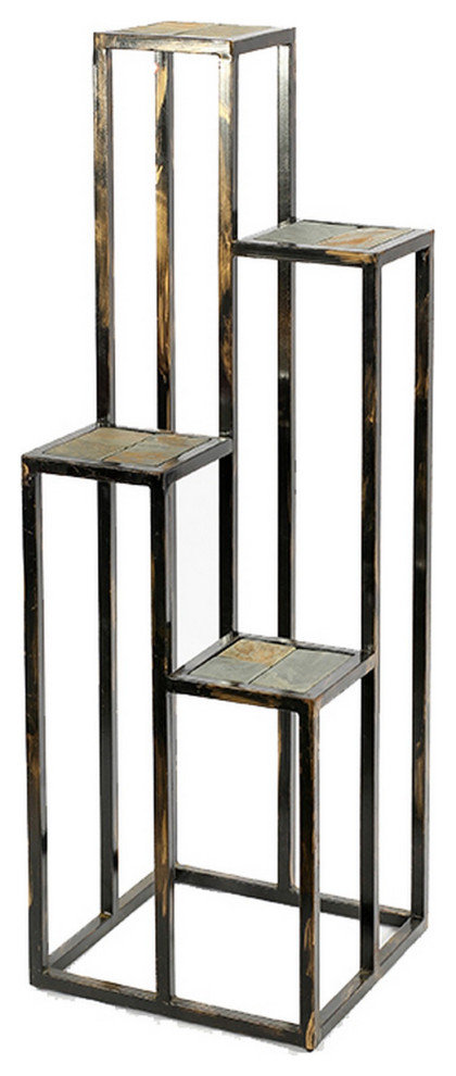 Benzara BM216737 4 Tier Cast Iron Frame Plant Stand with Stone Top, Black & Gold