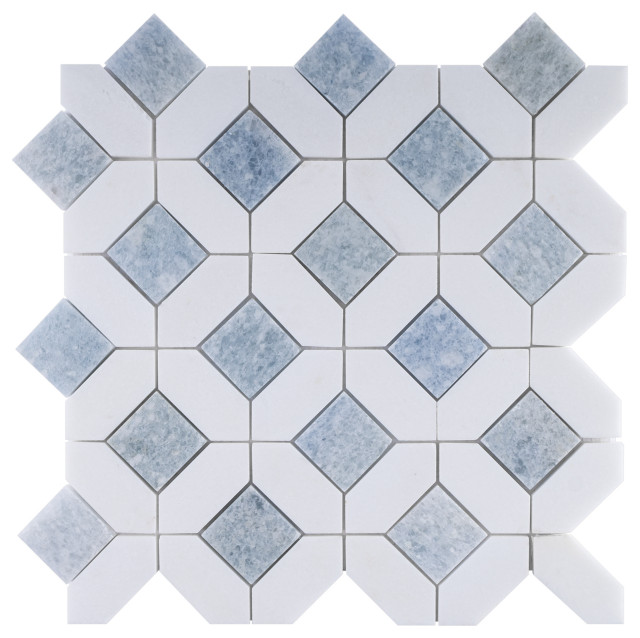Geometric Classic White Marble Mosaic Tile Backsplash, 1 Box(10sheets