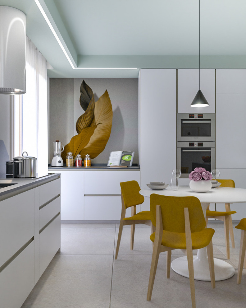 Design ideas for a mid-sized scandinavian l-shaped open plan kitchen with an undermount sink, flat-panel cabinets, white cabinets, quartzite benchtops, grey splashback, engineered quartz splashback, stainless steel appliances, painted wood floors, no island, grey floor and grey benchtop.
