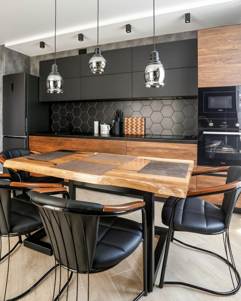 Прямая стильная невысокая кухня с матовыми и древесными фасадами