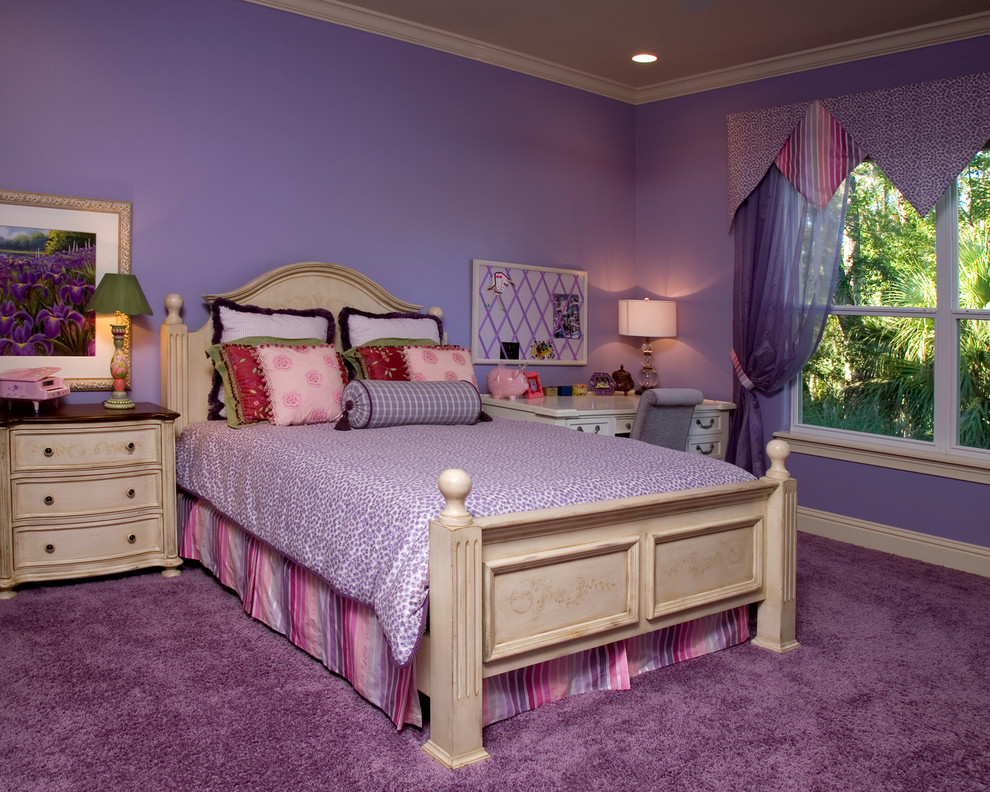 Photo of a traditional kids' room for girls in Orlando with purple walls, carpet and purple floor.