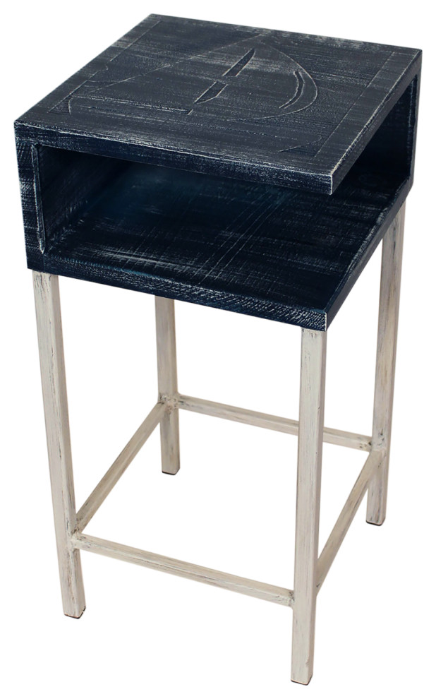 Cottage and Weathered Navy Drink Table With Sailboat and Shelf - Beach ...