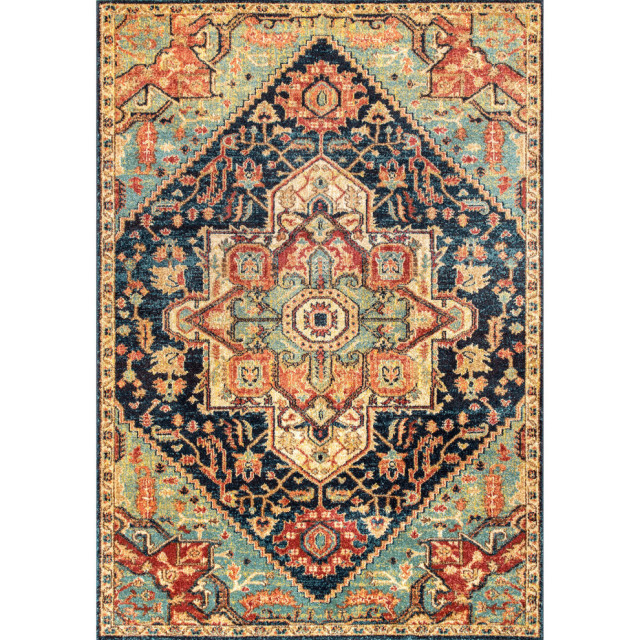 Traditional Tribal Floret Medallion, Green Traditional Area Rugs