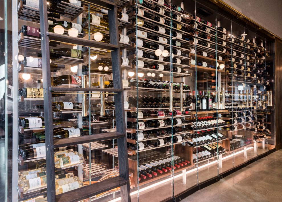 This is an example of a large contemporary wine cellar in San Francisco with display racks.