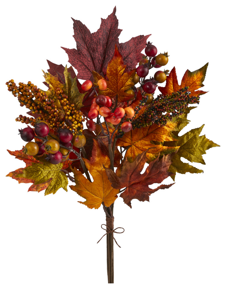 20" Maple Leaf and Berries Artificial Flower Bouquet, Set of 3 Modern