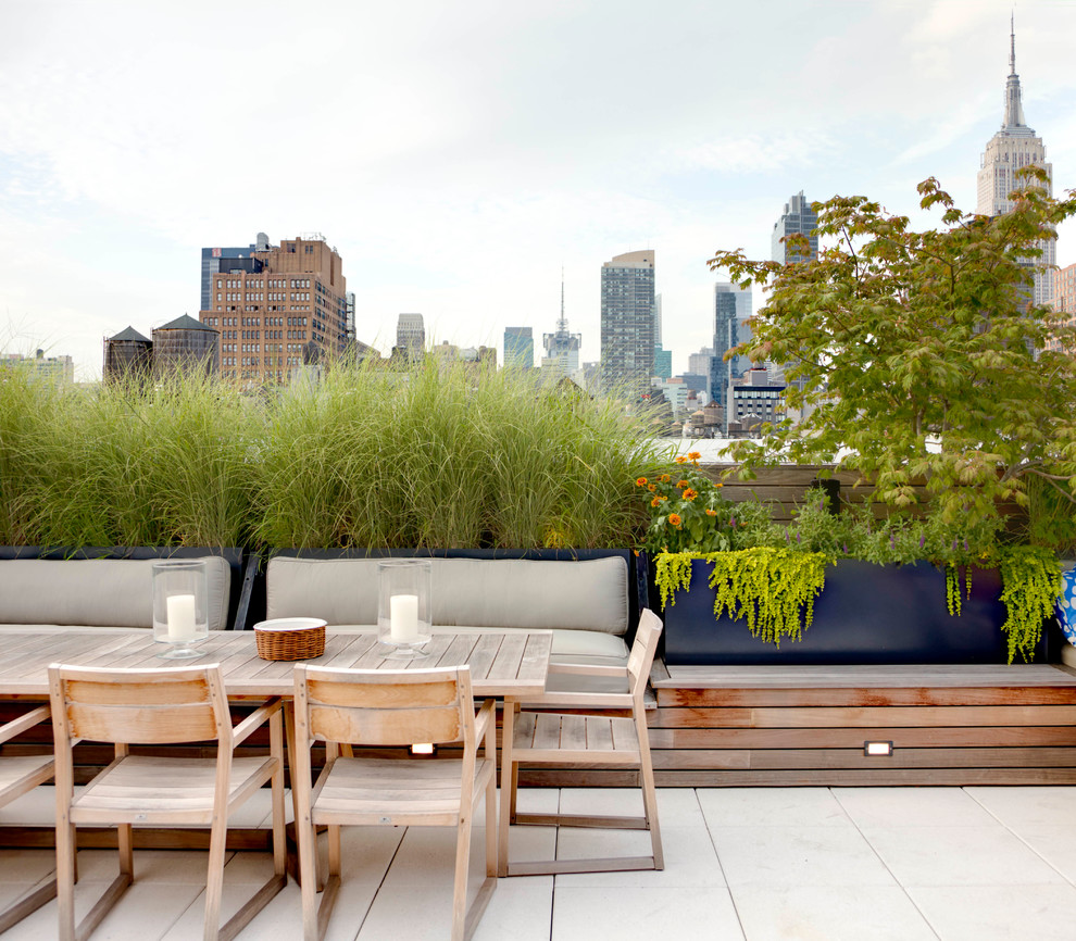 This is an example of a mid-sized contemporary patio in New York with a container garden, concrete pavers and a roof extension.