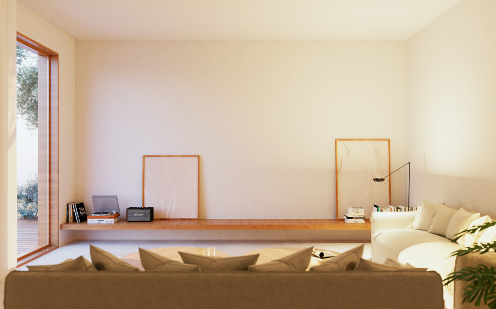 Ejemplo de salón abierto mediterráneo de tamaño medio con paredes beige, suelo de cemento, televisor independiente y suelo beige