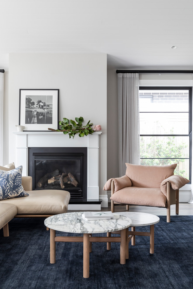 Design ideas for a transitional living room in Sydney with white walls, medium hardwood floors, a standard fireplace, a metal fireplace surround and brown floor.