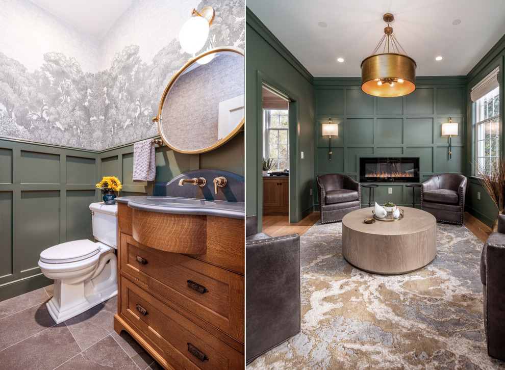 Inspiration for a large timeless master green tile slate floor, gray floor, double-sink and wall paneling bathroom remodel in Philadelphia with shaker cabinets, medium tone wood cabinets, quartz countertops, gray countertops and a built-in vanity