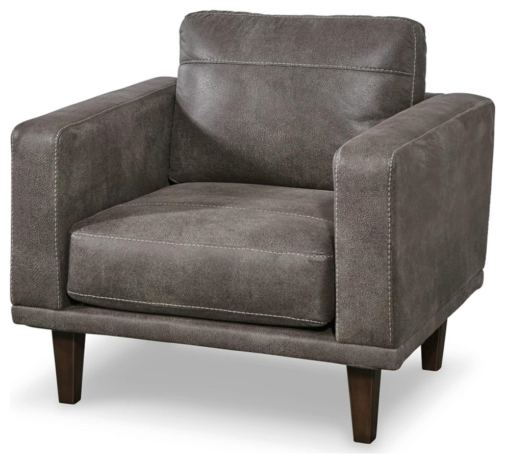 MidCentury Modern Dark Gray Accent Chair, Faux Leather Seat and