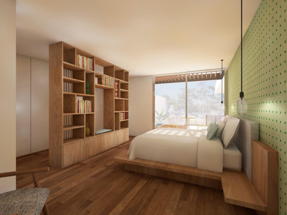 Идея дизайна: большая хозяйская спальня в белых тонах с отделкой деревом в стиле модернизм с зелеными стенами, темным паркетным полом и обоями на стенах