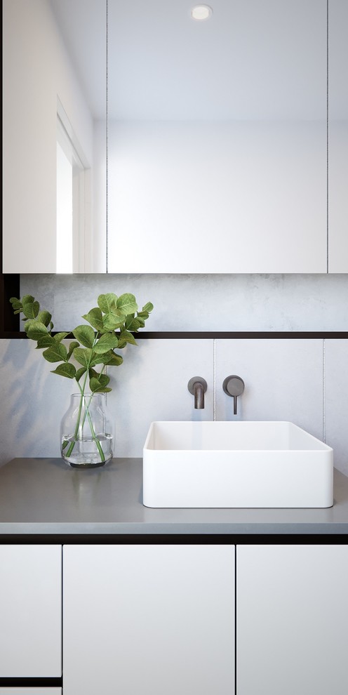 This is an example of a modern bathroom in Melbourne with ceramic tile, ceramic floors, a vessel sink, granite benchtops, white floor and an open shower.