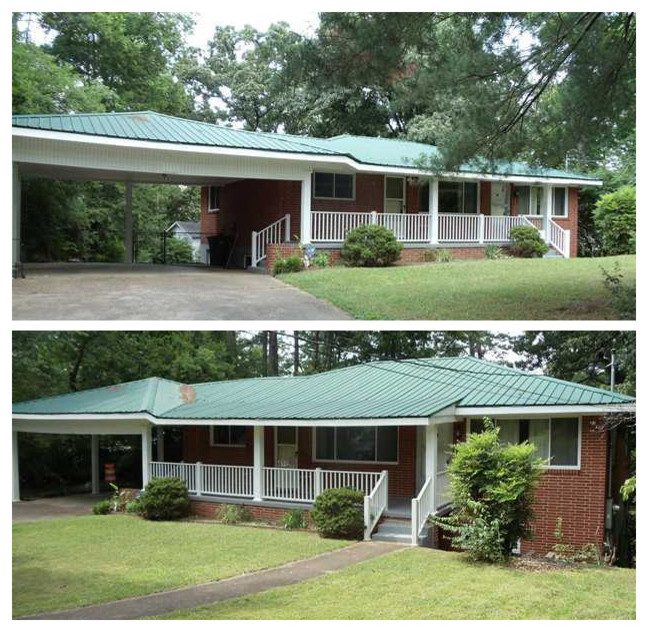 Should I paint the brick on a green tin roof home? If yes, what color?