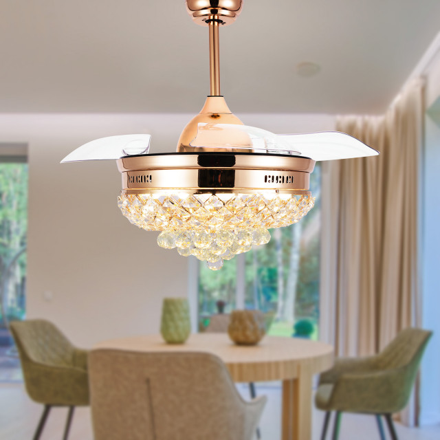 Gold Ceiling Fan, Crystal Chandelier Ceiling Fan with Retractable Blade