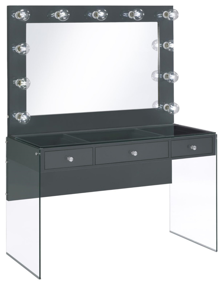 Afshan 3-Drawer Vanity Desk With Lighting Mirror Gray High Gloss