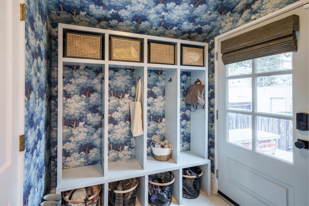 Design ideas for a small traditional mudroom in Denver with blue walls, marble floors, a single front door, a blue front door, beige floor, wallpaper and wallpaper.