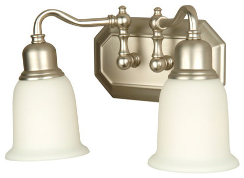Heritage Brushed Nickel Two-Light Bath Fixture with Frosted White Glass