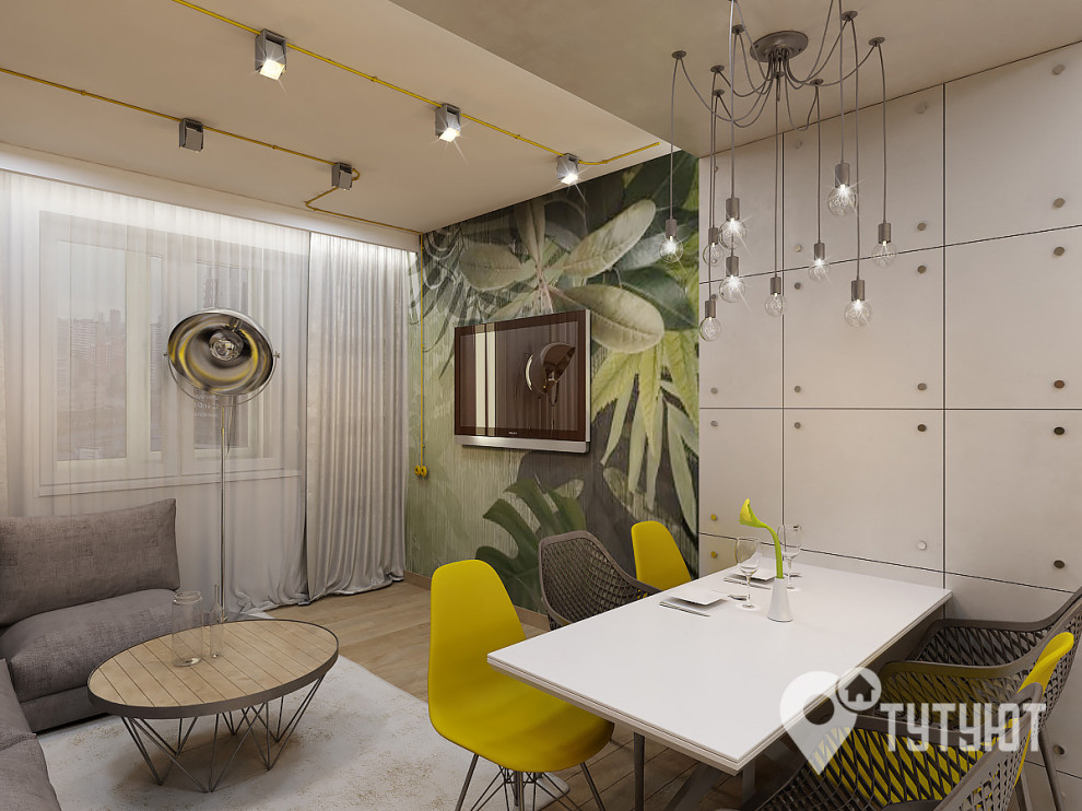 Кухня-гостиная в стиле лофт с желтым акцентом