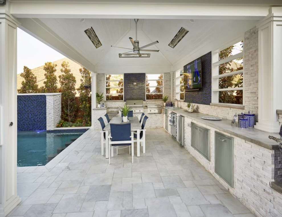 Design ideas for a mid-sized modern backyard custom-shaped pool in Dallas with natural stone pavers.