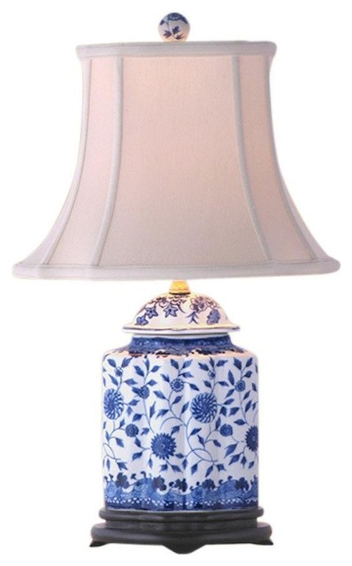 Blue and White Porcelain Scallop Ginger Jar Table Lamp, Floral Motif, 22"