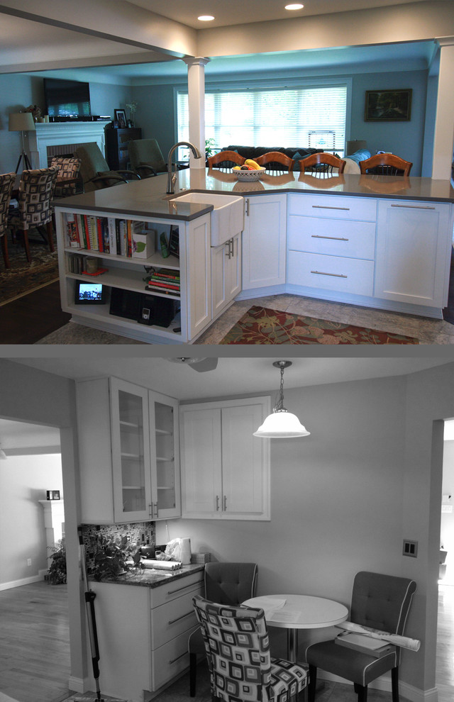 Large transitional dark wood floor open concept kitchen photo in Cincinnati with a farmhouse sink, flat-panel cabinets, white cabinets, granite countertops, multicolored backsplash, ceramic backsplash, stainless steel appliances and an island