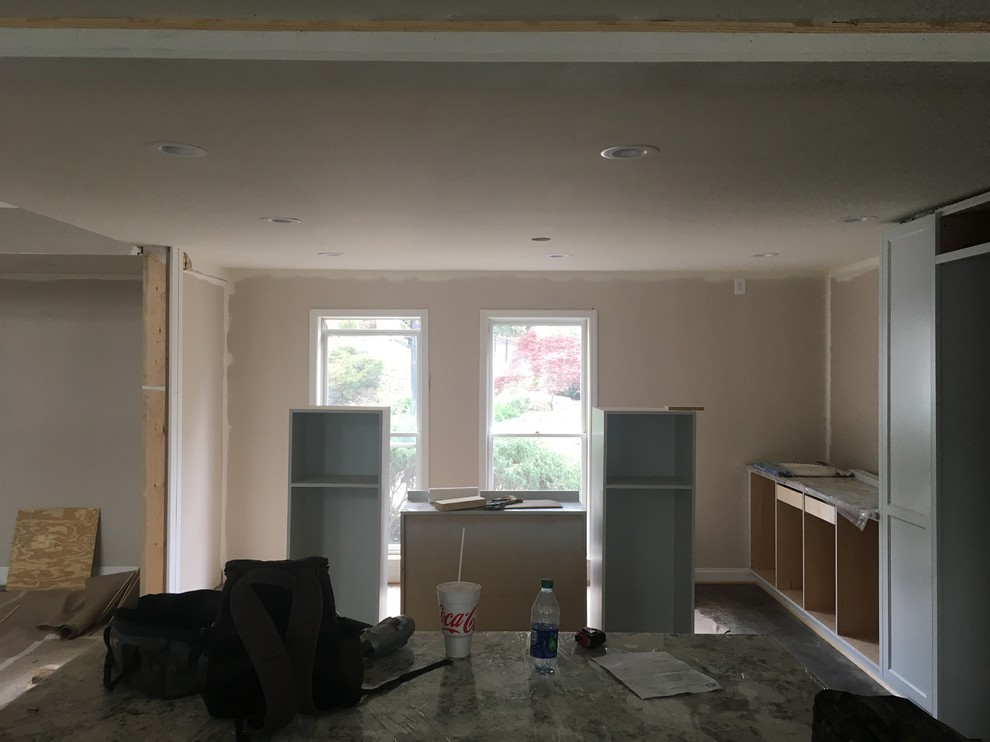 Help! Off centered windows not centered in room that needs chandelier.