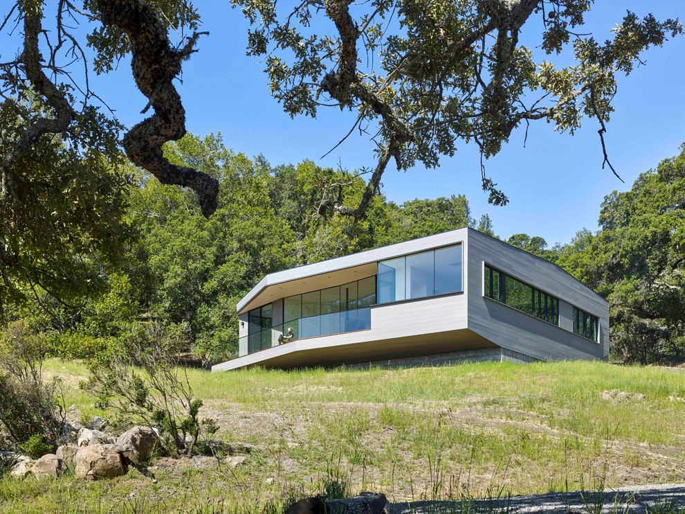 Mid-sized modern gray one-story wood flat roof idea in San Francisco