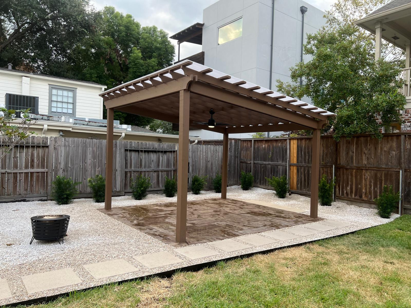 Beautiful stamped concrete patio with Pergola Cover on Haddon st!