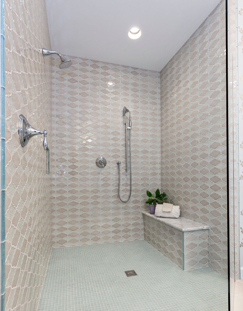 Example of a large classic master beige tile and porcelain tile porcelain tile double shower design in Miami with raised-panel cabinets, multicolored walls, an undermount sink and marble countertops