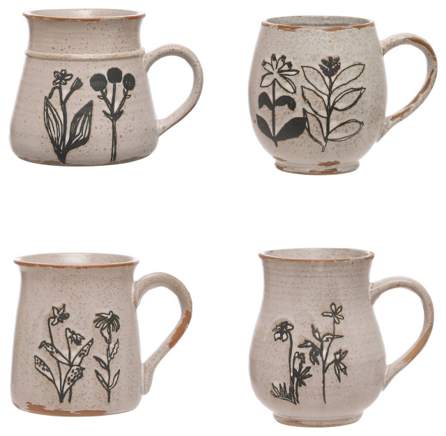 4" Stoneware Mug, Reactive Glaze, Various Mug Shapes, Cream, Set of 4