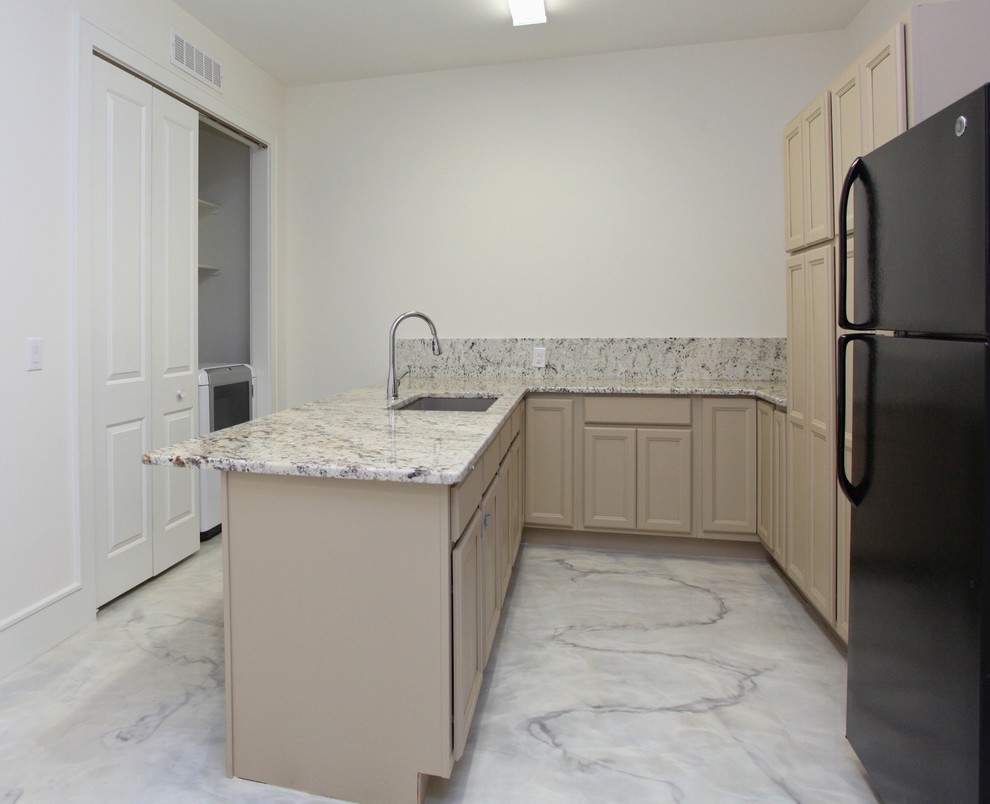 Photo of a large contemporary u-shaped utility room in Raleigh with an undermount sink, recessed-panel cabinets, beige cabinets, granite benchtops, white walls, marble floors, a side-by-side washer and dryer, multi-coloured splashback, stone tile splashback, white floor and multi-coloured benchtop.