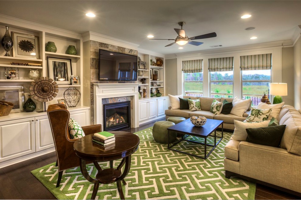 Inspiration for a traditional living room in Atlanta with a tile fireplace surround.
