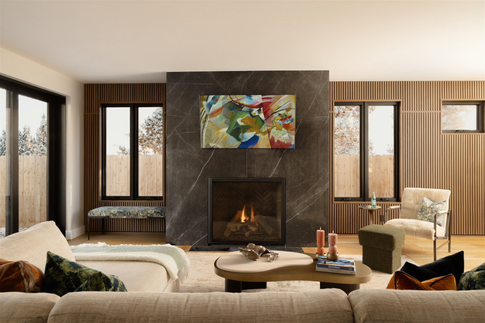 Contemporary Living Room Design with Black Marble Fireplace ...