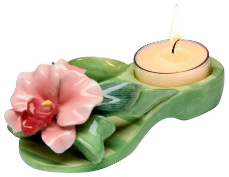 5.5 Inch Orchid Flower Design Sandal Striped Green Tealight Holder
