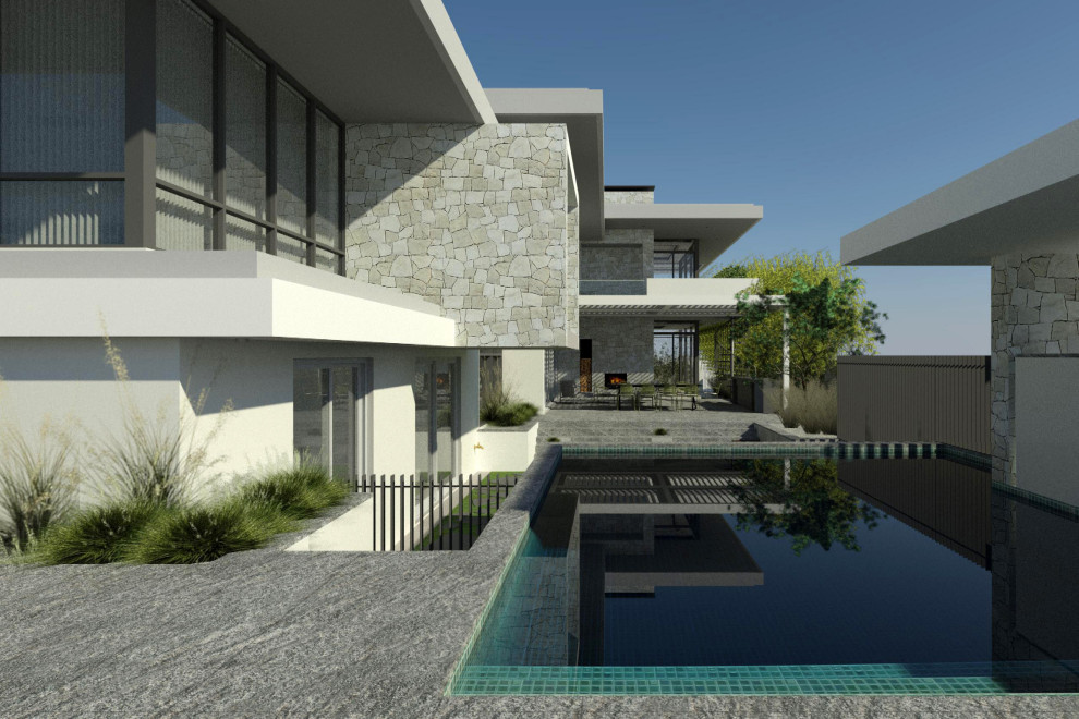 Photo of a large beach style side yard rectangular aboveground pool in Perth with with a pool and natural stone pavers.