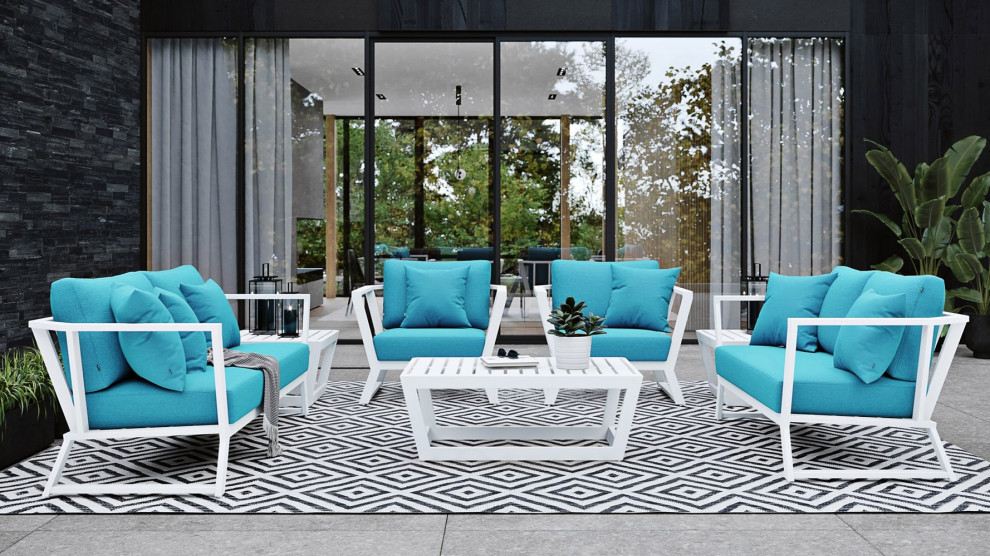 Modern Outdoor Patio Nadie Sofa and Table Set White/Teal