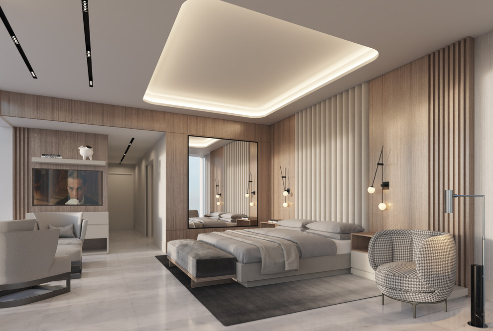 Design ideas for a large modern master bedroom with multi-coloured walls, marble floors and white floor.