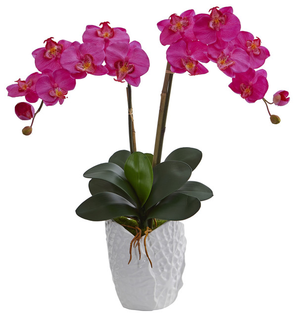 Double Phalaenopsis Orchid Artificial Arrangement, White Ceramic Vase