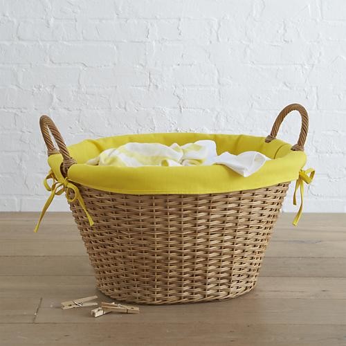 Wicker Basket with Yellow Laundry Liner