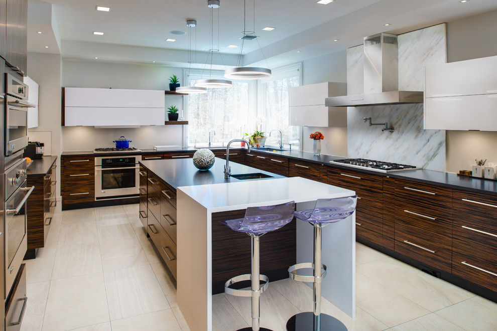 Photo of a contemporary u-shaped kitchen in New York with flat-panel cabinets, stainless steel appliances and with island.