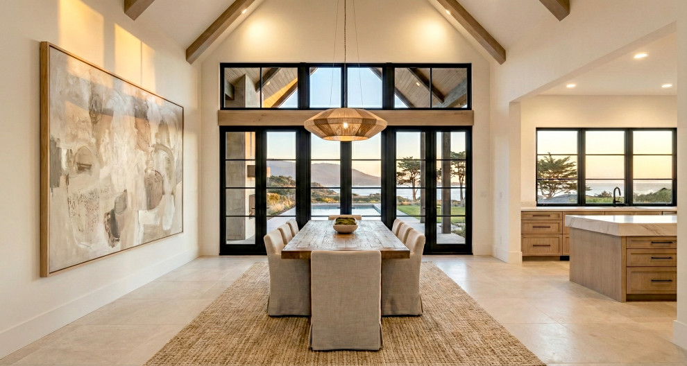 Great room - mid-sized transitional beige floor and vaulted ceiling great room idea with white walls