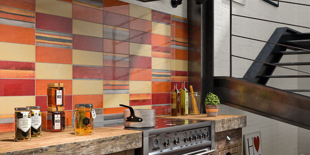 This is an example of a traditional kitchen in Austin with multi-coloured splashback and porcelain splashback.