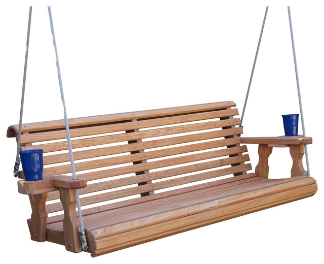 Heavy Duty Roll Back Treated Porch Swing With Ropes And Cupholders